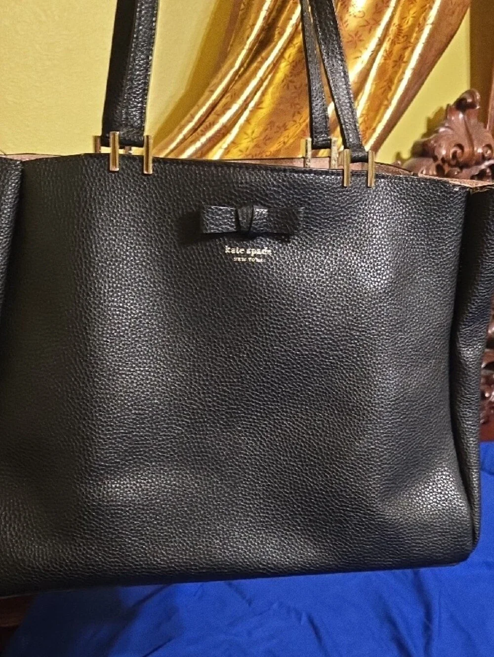 Kate Spade NY large Black Leather Tote with Signature Bow Accent